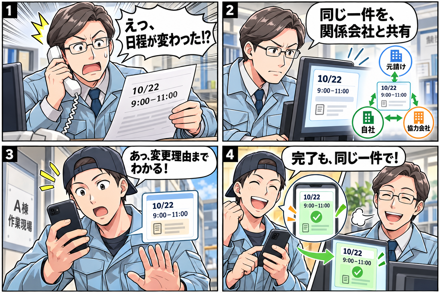 日程変更に困惑する所長、同じ一件の共有、スマートフォンで変更理由を確認する作業員、完了の共有。