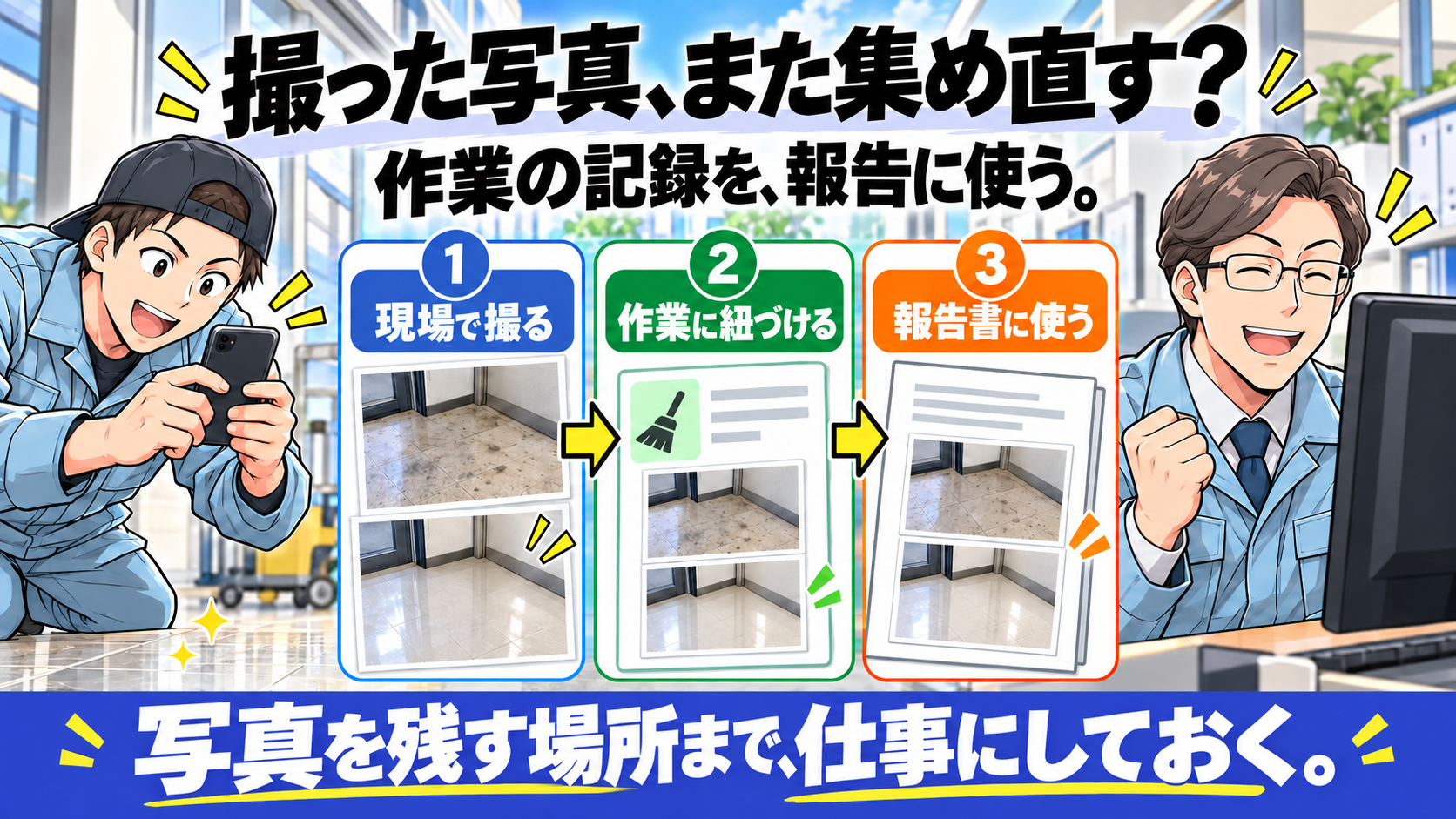 現場で撮る、作業に紐づける、報告書に使う。スマートフォンで撮影する作業員と、記録を確認する所長。