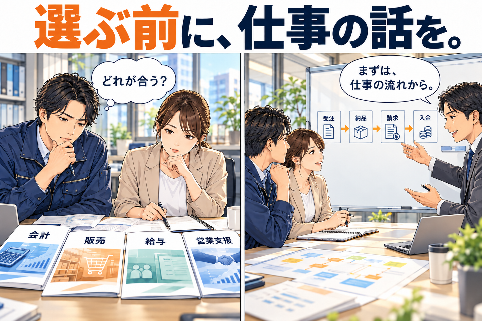 会計・販売・給与・営業支援の選択に迷う担当者が、相談を通じて仕事の流れを整理するマンガ