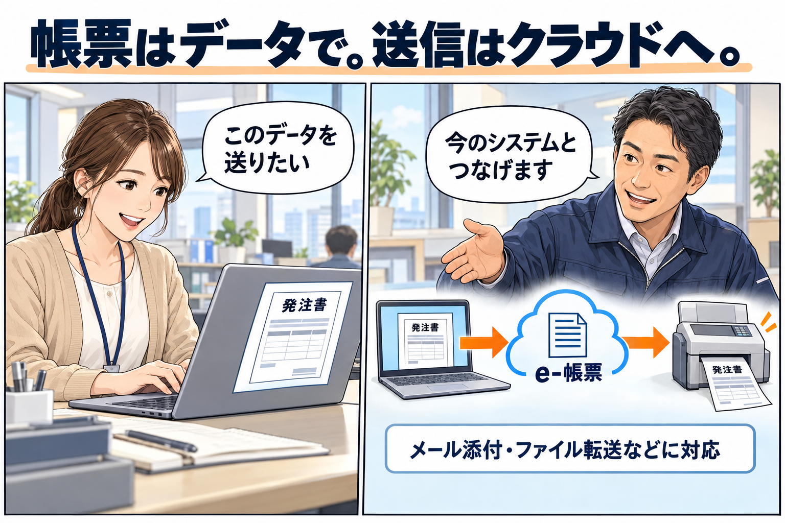 システムで用意した発注書をe-帳票へ渡し、取引先のFAXへ配信する流れを描いた漫画