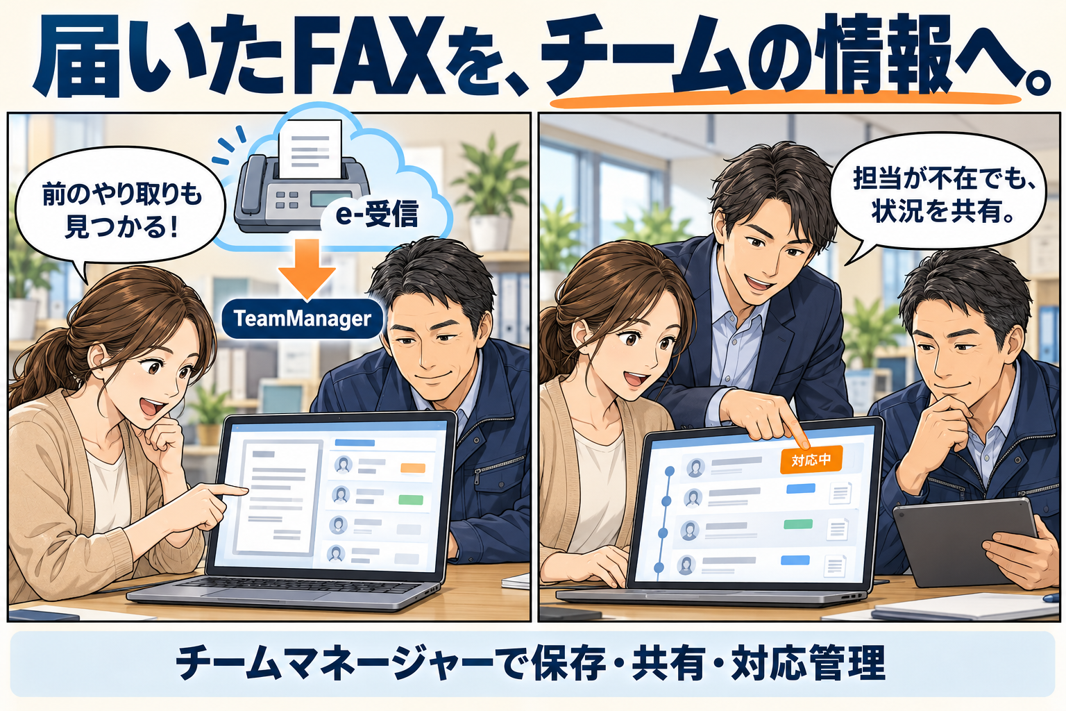e-受信で受け取ったFAXをTeamManager(チームマネージャー)に格納し、チームで対応状況を共有する漫画