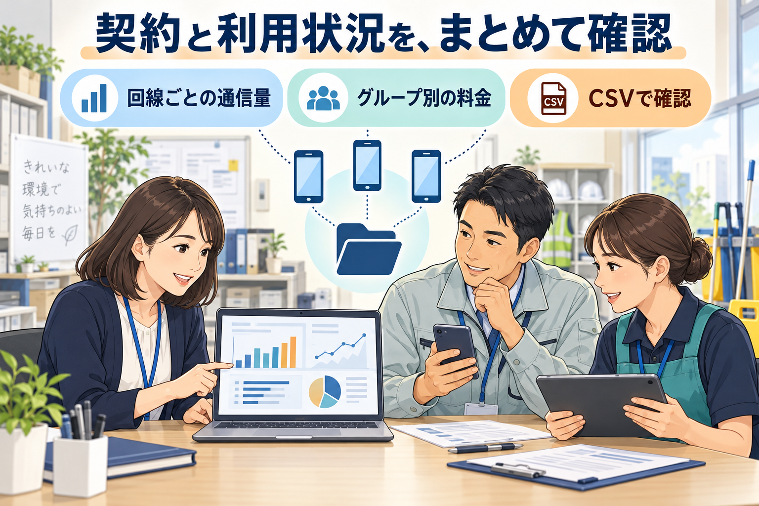 回線ごとの通信量、グループ別の料金、CSV出力を確認する仕事を描いた管理イラスト。