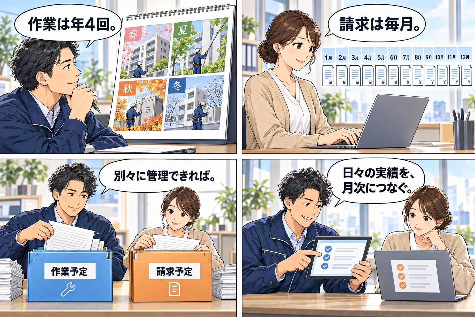 作業は年4回でも請求は毎月という契約を、作業予定と請求予定に分けて管理する考え方を描いたマンガ