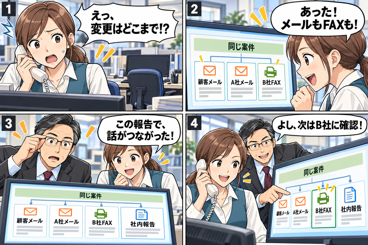 営業不在の事務が、同じ案件の顧客メール・A社メール・B社FAX・社内報告をたどり、部長と次の確認へ進む。