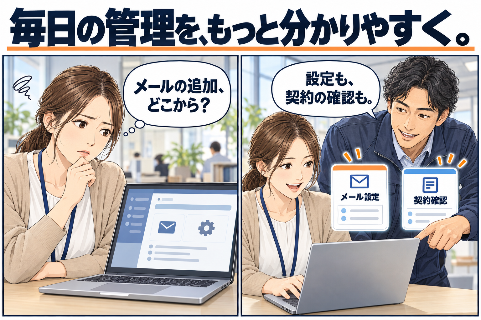メール追加に迷う担当者が、同僚と設定や契約の確認を進めるイラストマンガ