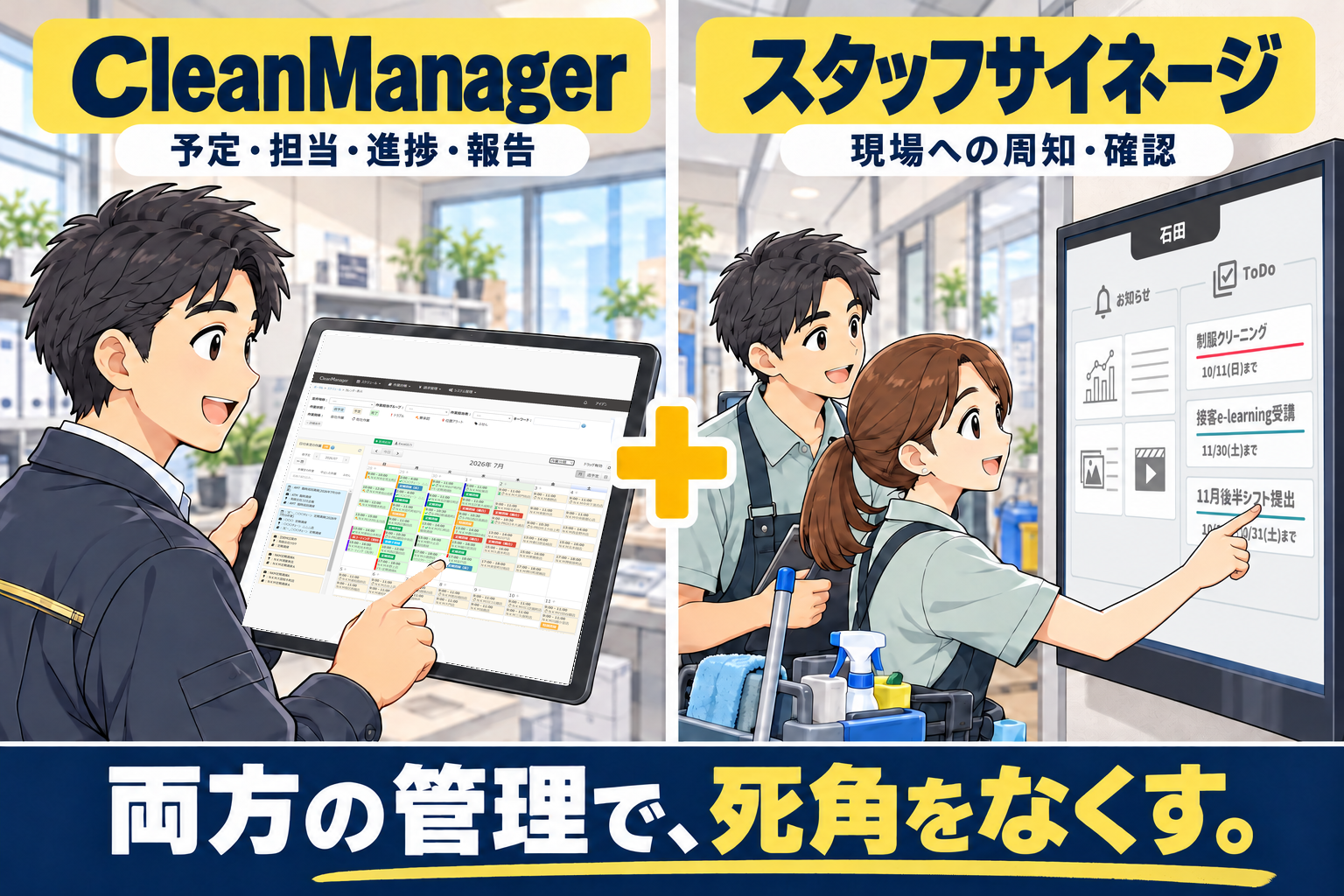 CleanManagerの予定を1日ごとの独立した枠で表し、スタッフサイネージの周知・確認と併せて示すイラスト