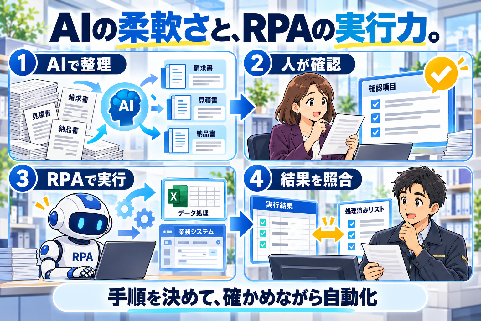 AIで整理、人が確認、RPAで実行、結果を照合する4段階の役割分担を示すアニメ調イラスト