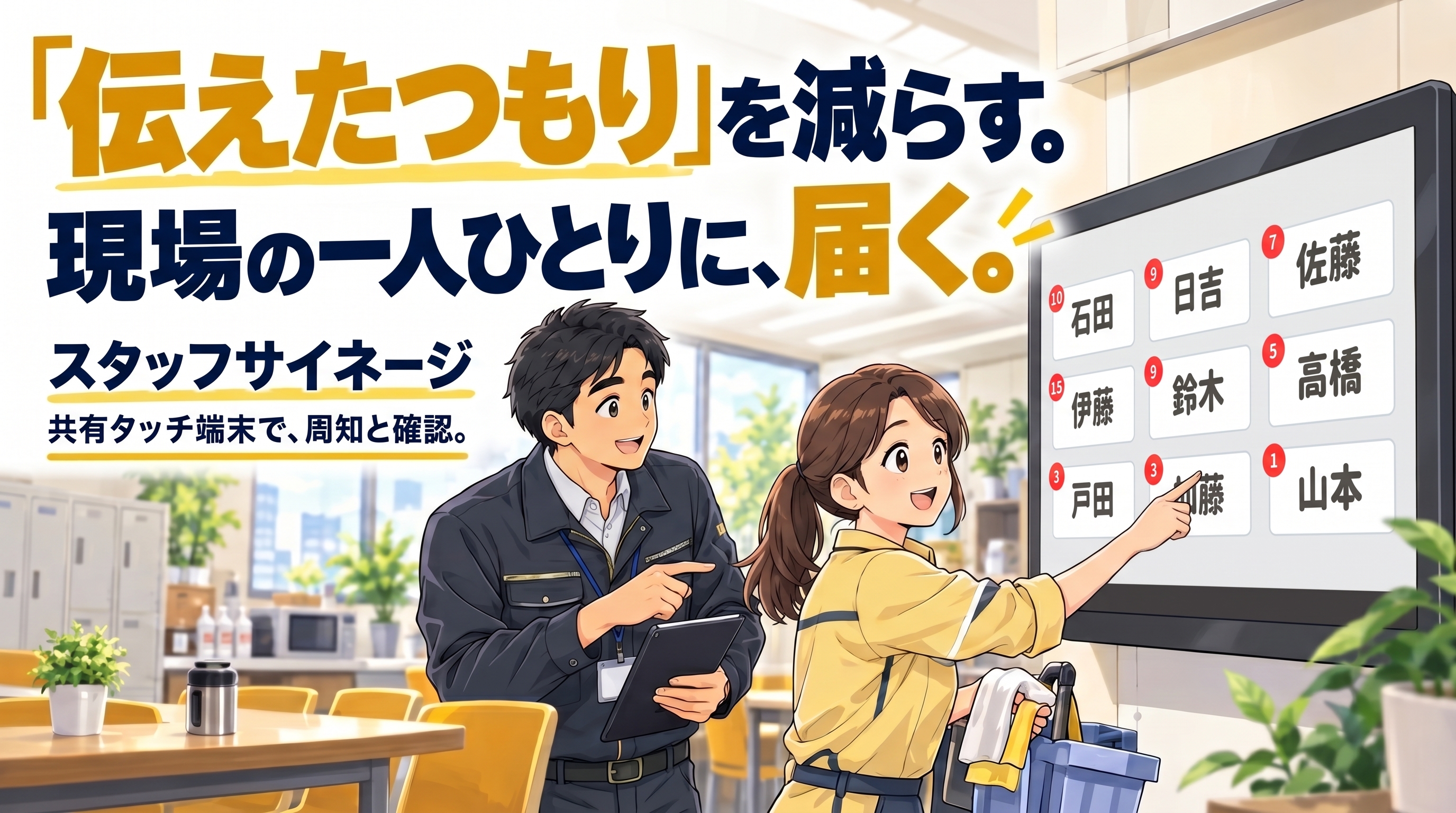 共有タッチ端末の名前選択画面で、自分宛の連絡を確認するスタッフサイネージ